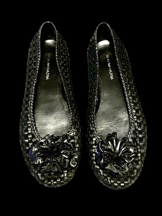 BCBGMaxAzria Shoes - BCBGMaxAzria Black Woven Leather Textured Floral Applique Slip On Flats